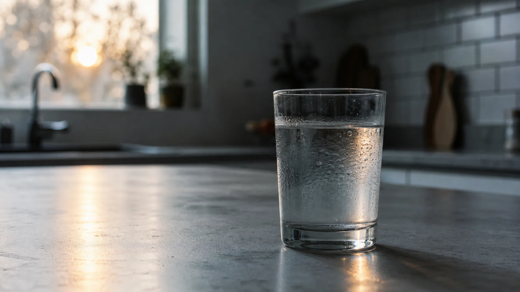 Generated documentary scene showing a glass of water in a kitchen at dawn