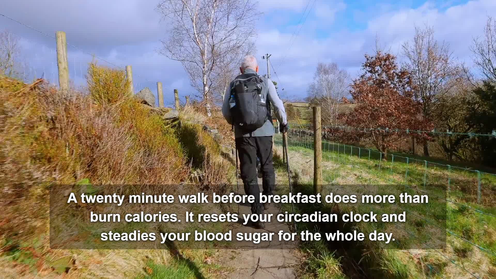 Rendered Rivu documentary scene showing a morning walk with captions
